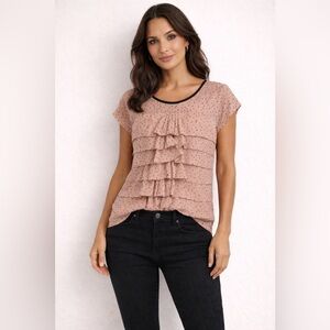 LOFT Blouse | Raw Edge Ruffle Polka Dot | Pink Black | Cap Sleeve | Size M